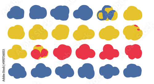 Vector illustration of blue, yellow and red cloud shapes in rows isolated on transparent background