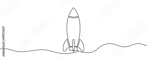 Rocket taking off in one line art style. Spaceship drawing with editable black stroke on white background. Vector illustration.