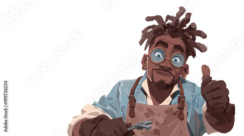 A smiling artisan with glasses, a thumbs-up, and a wrench in hand. He wears an apron
