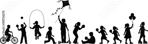 Children playing silhouette illustration, kids activities from biking jumping rope to flying kite and balloons, playful childhood scenes, black vector icons isolated on white background
