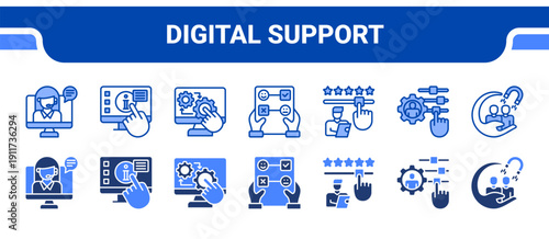 Digital Support Icon Collection,  featuring Virtual assistant, Self service, Automation, Feedback form, Customer survey, Personalization, Customer engagement.