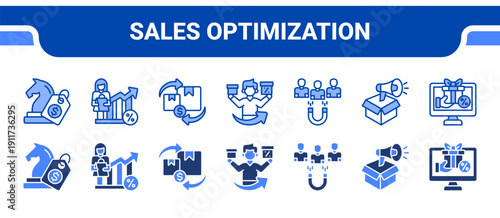 Sales Optimization Icon Collection,  featuring Pricing strategy, Conversion rate, Cross selling, Up selling, Customer acquisition, Promotional campaign, Loyalty program.