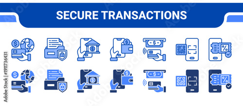 Secure Transactions Icon Collection,  featuring Payment gateway, Data security, Online banking, Digital wallet, Contactless payment, QR code, E-ticket.