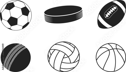Sport balls collection vector icon set, soccer football basketball volleyball rugby and cricket equipment