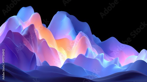 Abstract Topographic Mountain Range with Blue Purple Pink and Yellow Gradient Illumination Against Black Background