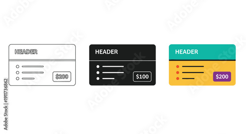 Set of three different visual styles for a finance or pricing card interface element showing a header and monetary value