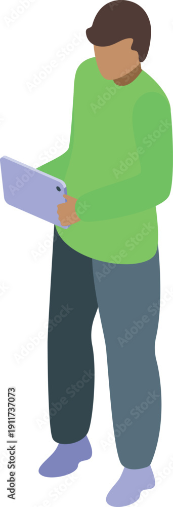 Fototapeta premium Casual young man holding tablet, using modern technology for work, study, or leisure