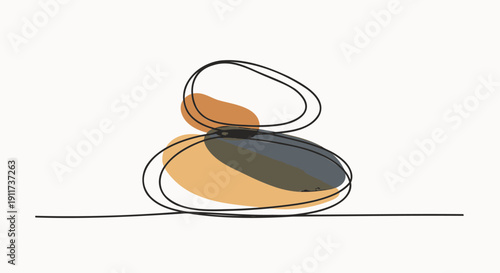 Vector illustration of stacked stones in continuous line art style on white background