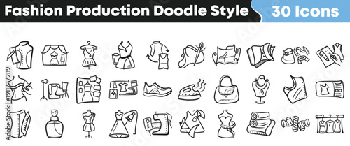 Collection of thirty hand drawn fashion production icons featuring sewing tailoring garment making and accessory design elements
