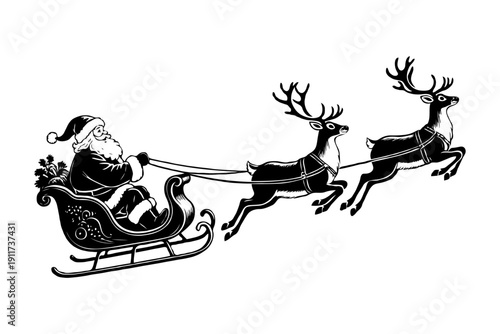 Santa Claus riding a sleigh pulled by two reindeer in classic engraving style on white background. Concept of vintage Christmas tradition