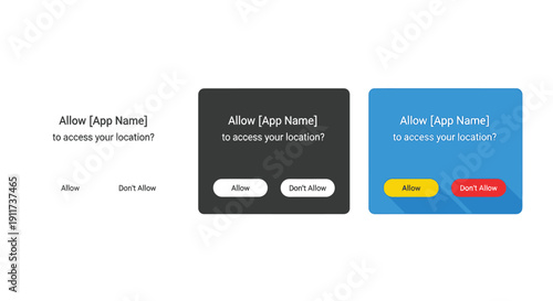 Location access permission dialog boxes displayed in light dark and vibrant color schemes for mobile application interface design comparison