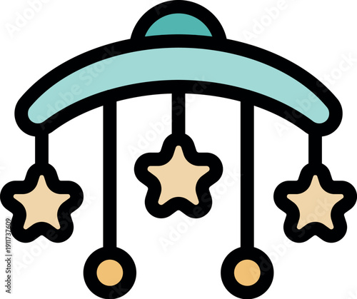 Baby mobile with hanging stars and balls is gently rotating, helping the baby fall asleep