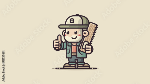 Cartoon carpenter with thumbs up, holding a saw and smiling on a beige background