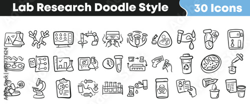 Collection of thirty black and white doodle style icons representing various stages and elements of detailed laboratory research and scientific investigation processes