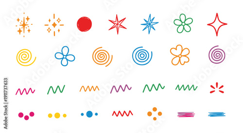 Colorful vector graphic shapes and symbols, including stars, flowers, spirals, and lines, isolated on transparent background