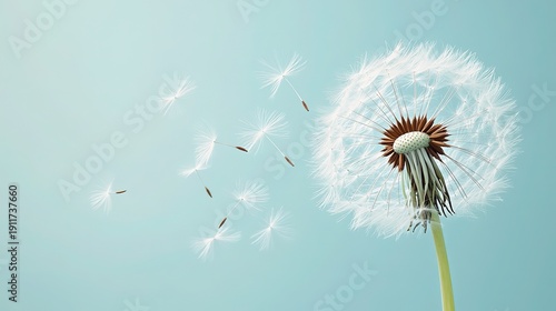 Half-Dispersed Dandelion Seed Head, Seeds Floating Upward in a Spiral Against a Soft Gradient Sky from Pale Blue to Warm Ivory, Dreamy and Symbolic of New Beginnings