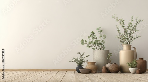 Still Life with Various Vases and Greenery on a Light Wooden Surface Against a Cream Wall