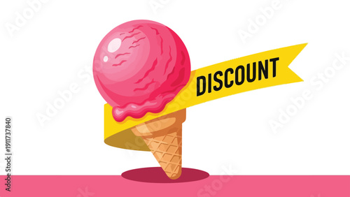 Graphic illustration of a pink ice cream cone with a yellow discount banner on a pink background.