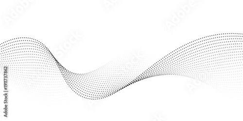 Flowing dots particles wave pattern halftone gradient curve shape isolated on white background. Vector in concept of technology, science, music, modern.