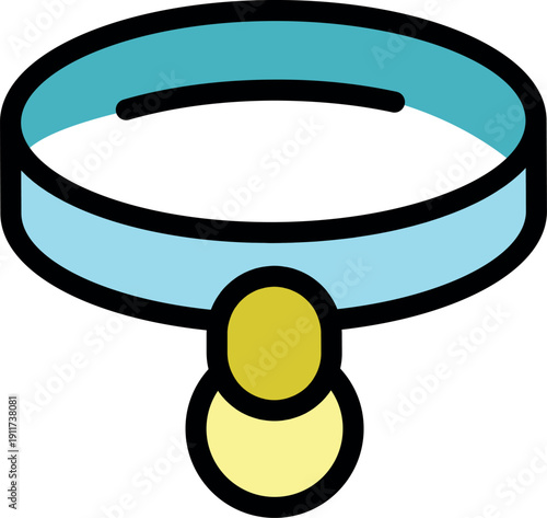 Simple cartoon drawing of a light blue dog collar with a golden round pendant, isolated on white background