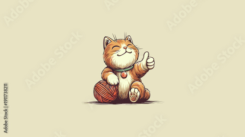 A happy orange cat cartoon with a ball of yarn, giving a thumbs up