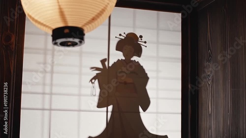 Silhouette of a geisha behind shoji screen in traditional Japanese interior with soft paper lantern light — elegant and mysterious ambiance