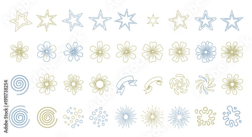 Collection of blue and gold vector star and flower shapes, isolated on transparent background