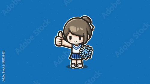 A smiling, cartoon cheerleader gives a thumbs-up gesture, with pom-pom on blue starry background