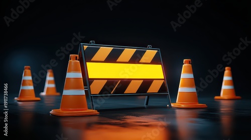 Construction Barrier with Orange and Black Stripes Glows with Traffic Cones in a Dark Wet Environment