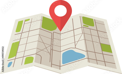 Folded city paper map with red location pin, navigation gps pointer for travel destination and tourism vector illustration