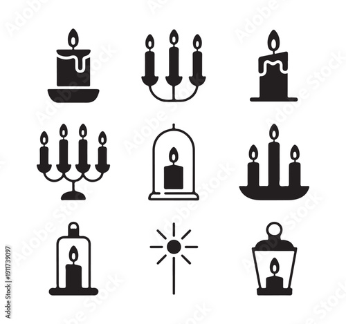 Collection of nine festive candle and sparkler silhouette icons on white background