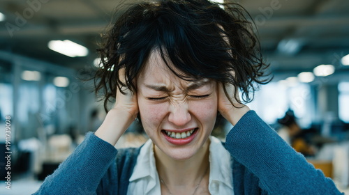Overwhelmed Young Woman Covering Her Ears with Eyes Closed in Office Workplace Stress and Sensory Overload