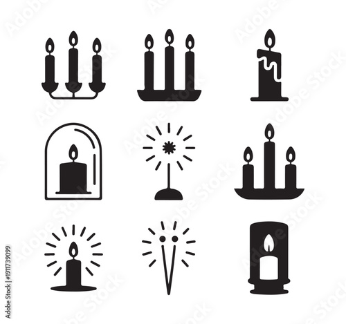 Arrangement of nine candle and sparkler icons in silhouette style on white background