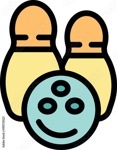 Bowling ball with a smiling face is ready to knock down bowling pins for a strike or spare