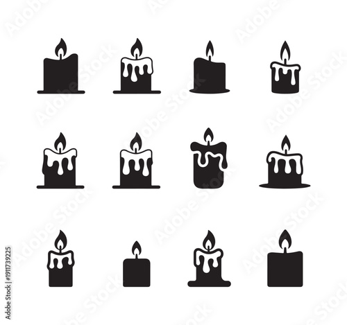 A group of twelve various shaped black silhouette icons of lit candles showing extensive dripping wax patterns