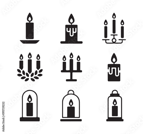 Nine assorted black silhouette icons featuring single burning candles some enclosed in glass lanterns or holders