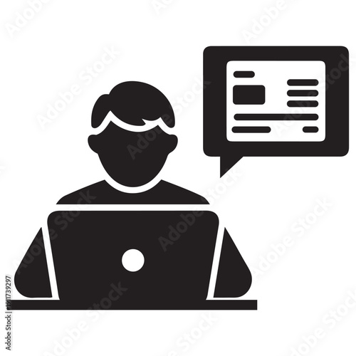 Man Working on Laptop with Chat Bubble Showing Document. Online Communication Concept.