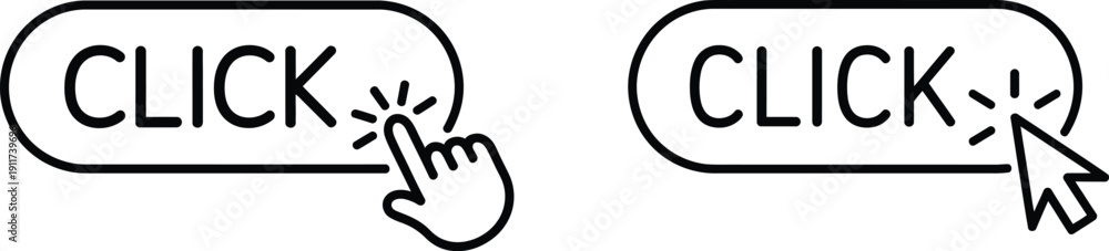 Fototapeta premium Click button icon set, computer mouse arrow and hand cursor clicking outline vector illustration