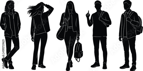 Black silhouette group of diverse students and young professionals standing with backpacks and casual outfits isolated on a white background.
