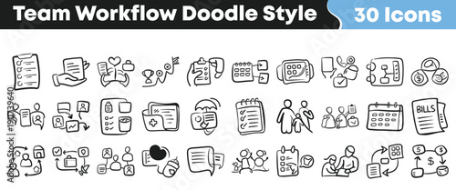 Collection of thirty hand drawn doodle style icons representing various aspects of team workflow management and business processes