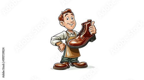 A cartoon cobbler, smiling, holds up a brown boot. He wears an apron and has brown hair