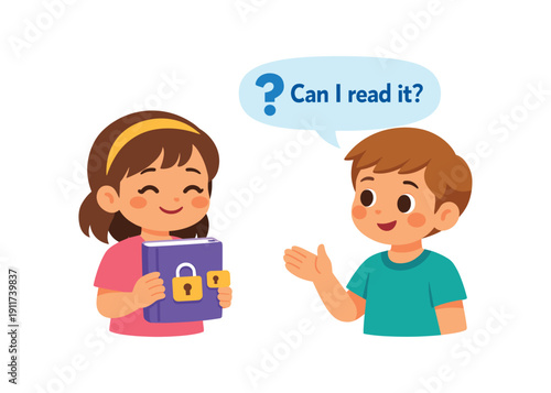 child with lock icon on diary book and another child asking with question bubble consent before reading private things . colored flat icon vector illustration