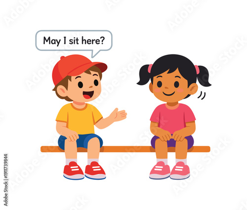 two kids sitting side by side one asks may I sit here other smiles and nods respecting seating space . colored flat icon vector illustration