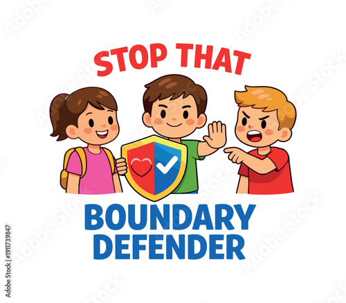 kid with shield and heart standing between friend and pushy peer saying stop that boundary defender . colored flat icon vector illustration