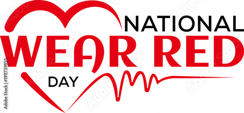 National Wear Red Day heart health awareness logo icon with EKG line heartbeat for cardiovascular disease prevention campaign in February month.