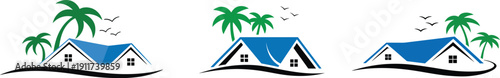 Beach house resort logo set, coastal home with palm trees and birds, summer vacation real estate vector illustration