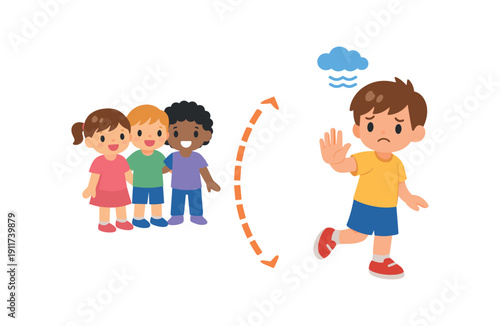 child stepping back from group with small overwhelm cloud and hand up signal taking space boundary respect . colored flat icon vector illustration