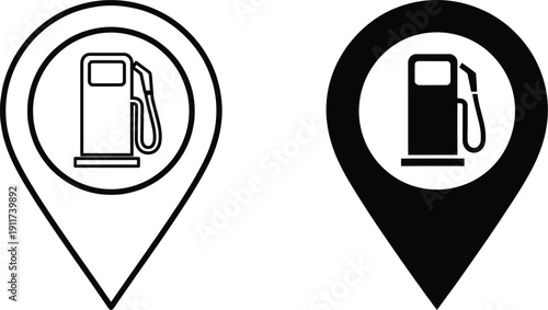 Gas station map pin icon set, fuel pump location pointer, petrol station navigation symbol vector illustration
