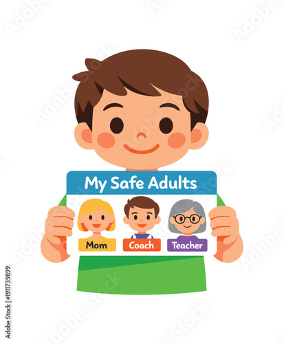 kid holding simple my safe adults card with three face knowing who to tell about boundary problems . colored flat icon vector illustration