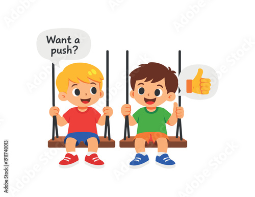 two kids side by side on swing one asks want push other gives thumbs up before push consent playground play . colored flat icon vector illustration